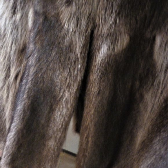 Long Racoon Real Fur Long Coat L Women Brown Gray USA Slit Ear Muffs Set - Picture 10 of 15